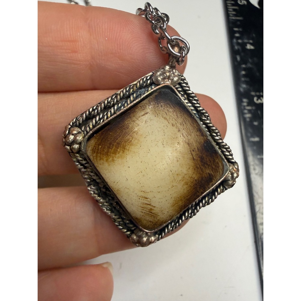 Artisan Square Horn Inlay Pendant Necklace Silver Tone Rope Border Boho